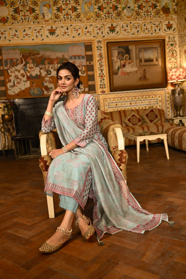 Blue Block Print Chanderi Suit- SET OF-3 | SHOBITAM