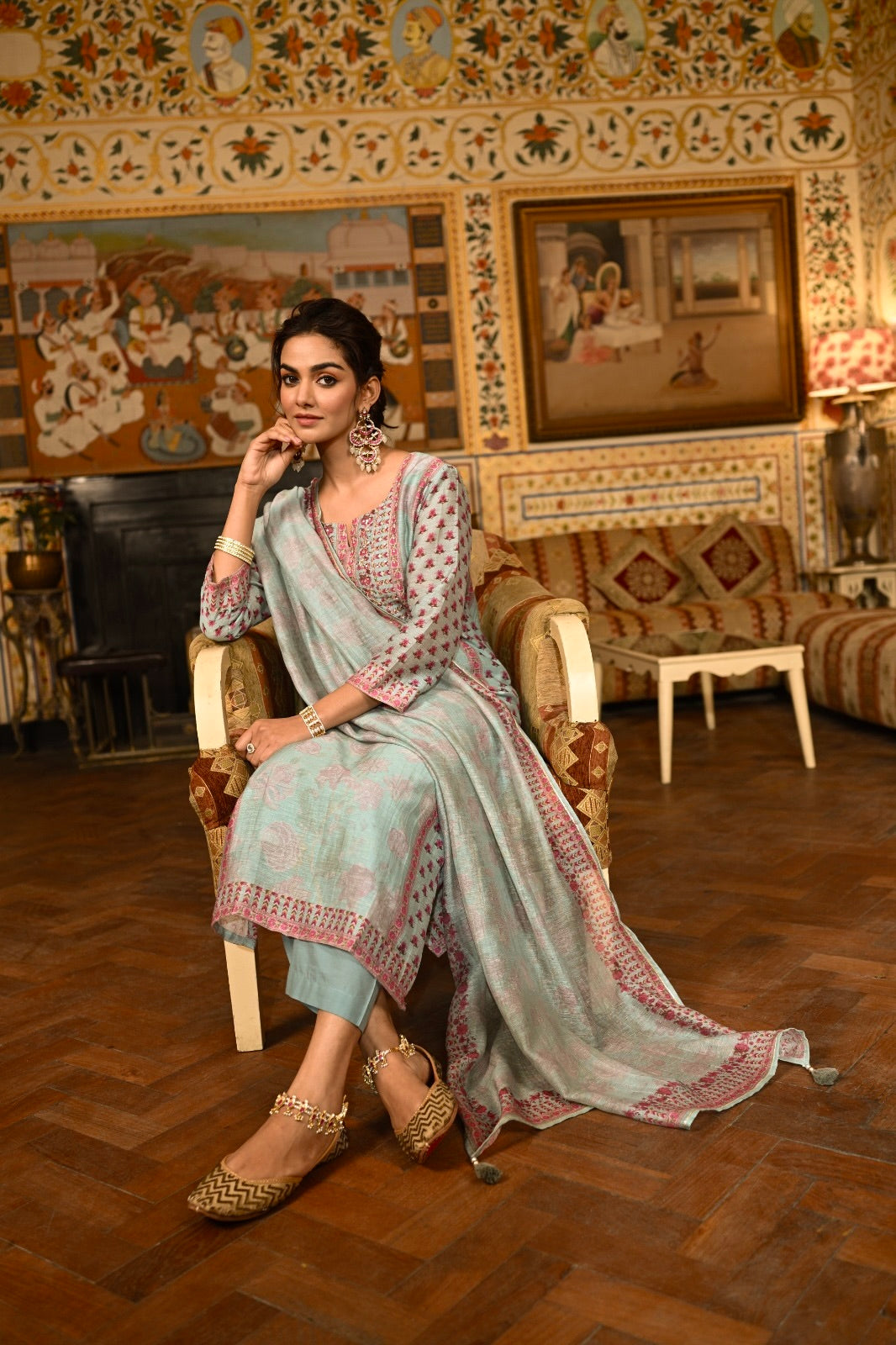 Blue Block Print Chanderi Suit- SET OF-3 | SHOBITAM