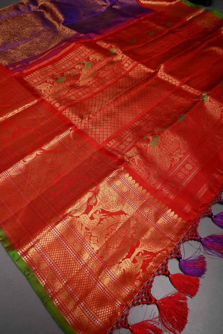 Purple Dual Tone Gadwal Silk Saree with Vanasingaram Zari Brocade and Contrast Wide Zari Border | SILK MARK CERTIFIED