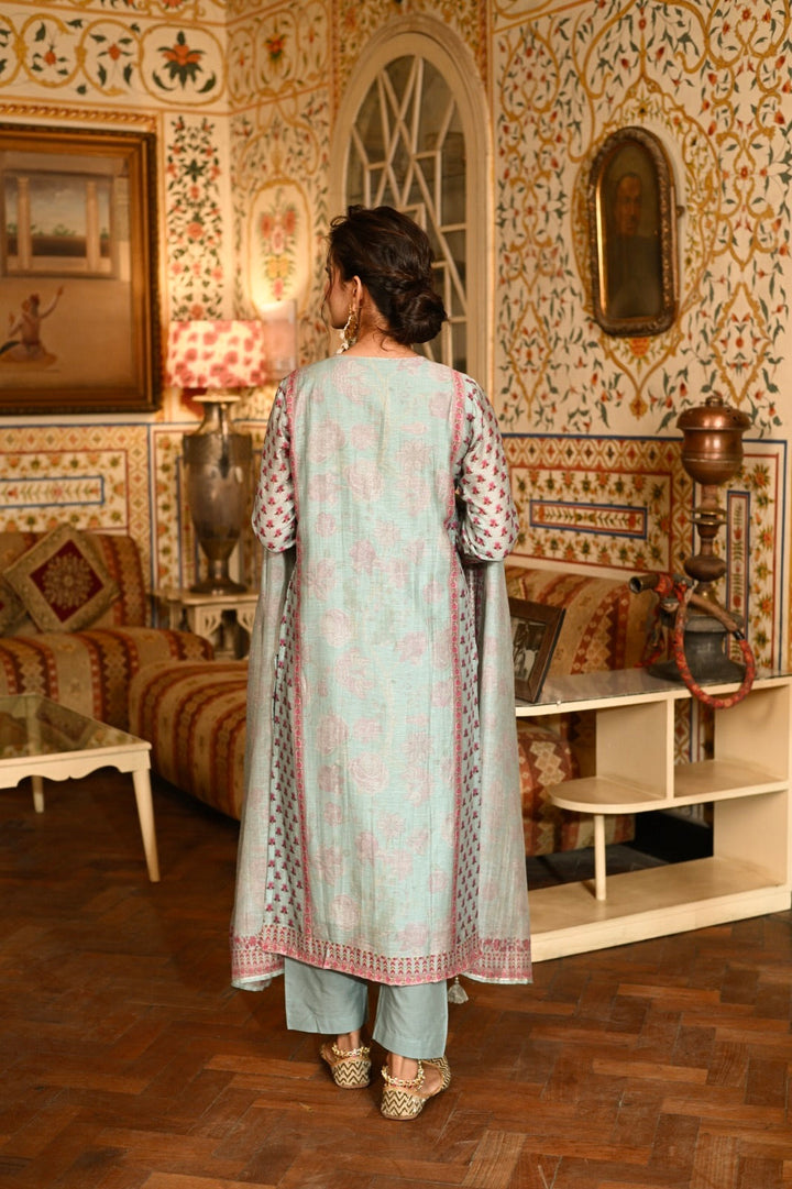 Blue Block Print Chanderi Suit- SET OF-3 | SHOBITAM