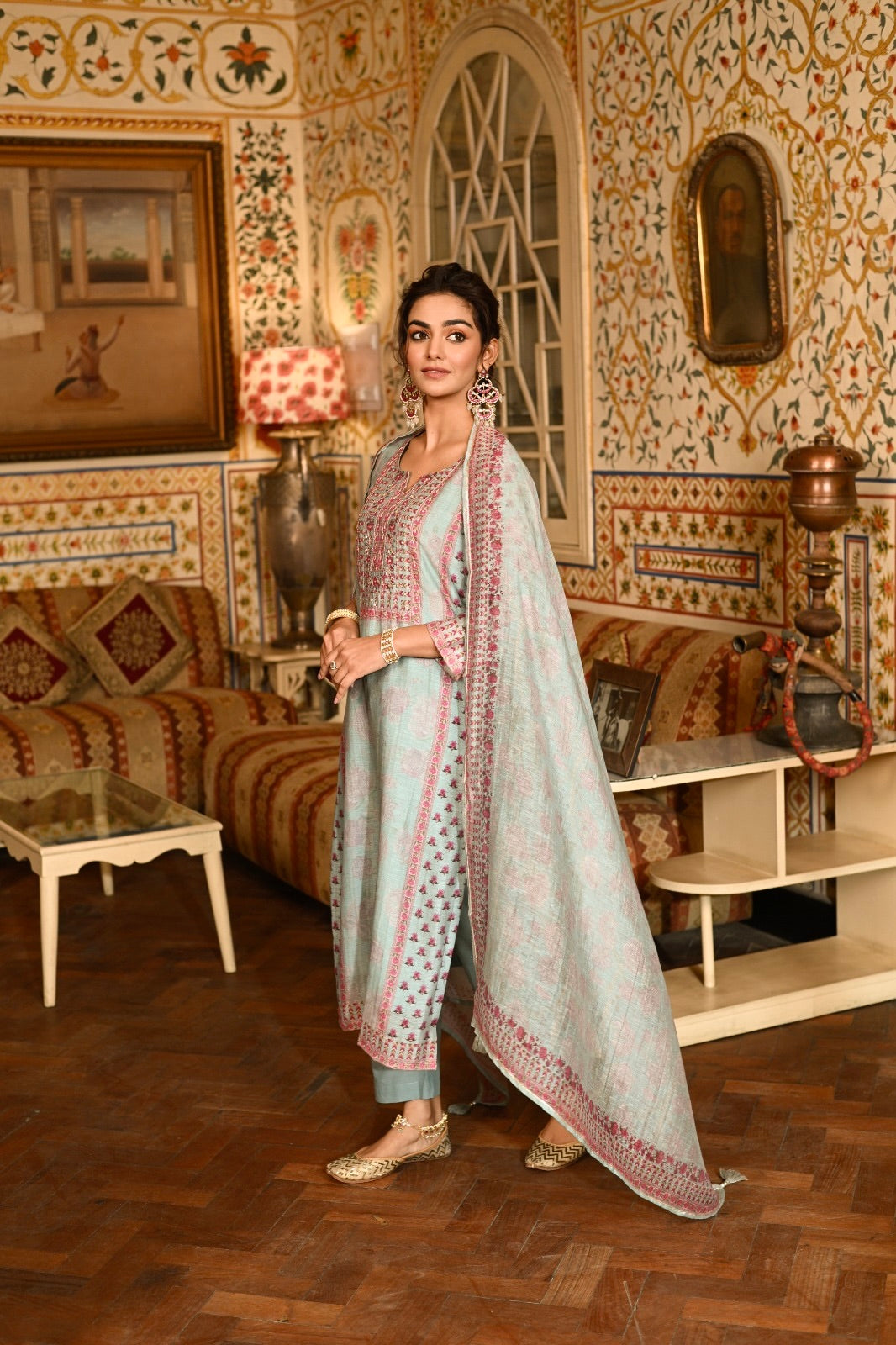 Blue Block Print Chanderi Suit- SET OF-3 | SHOBITAM