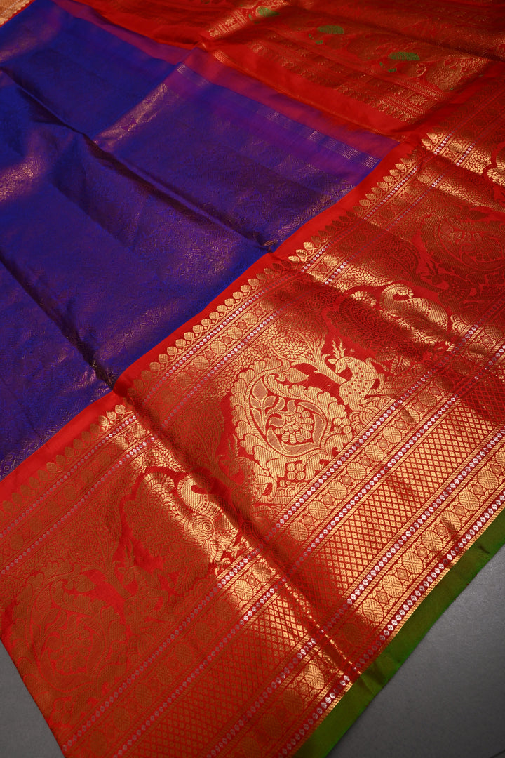 Purple Dual Tone Gadwal Silk Saree with Vanasingaram Zari Brocade and Contrast Wide Zari Border | SILK MARK CERTIFIED