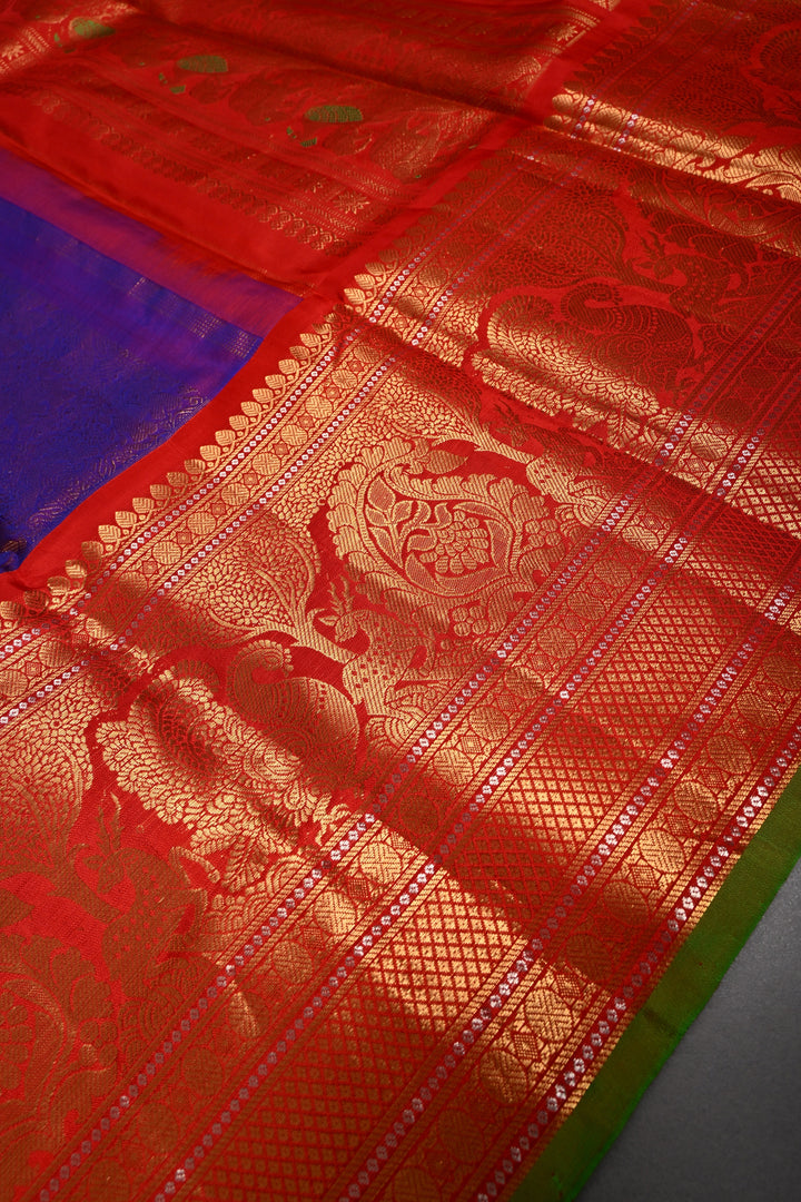 Purple Dual Tone Gadwal Silk Saree with Vanasingaram Zari Brocade and Contrast Wide Zari Border | SILK MARK CERTIFIED