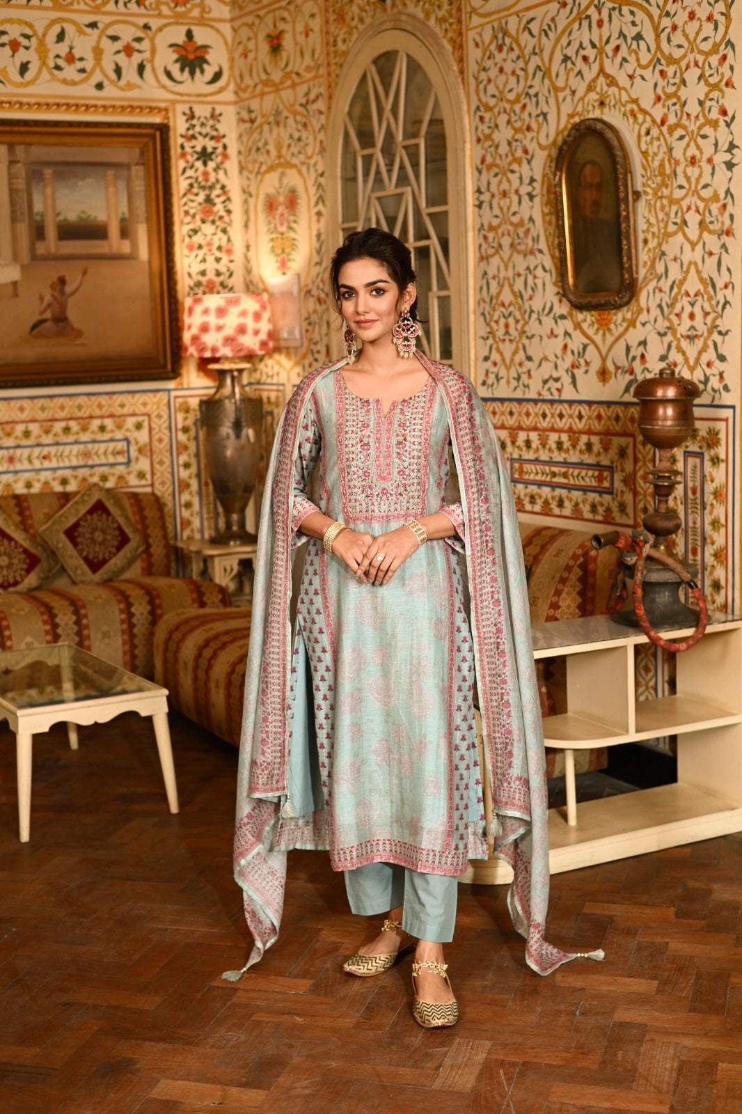 Blue Block Print Chanderi Suit- SET OF-3 | SHOBITAM