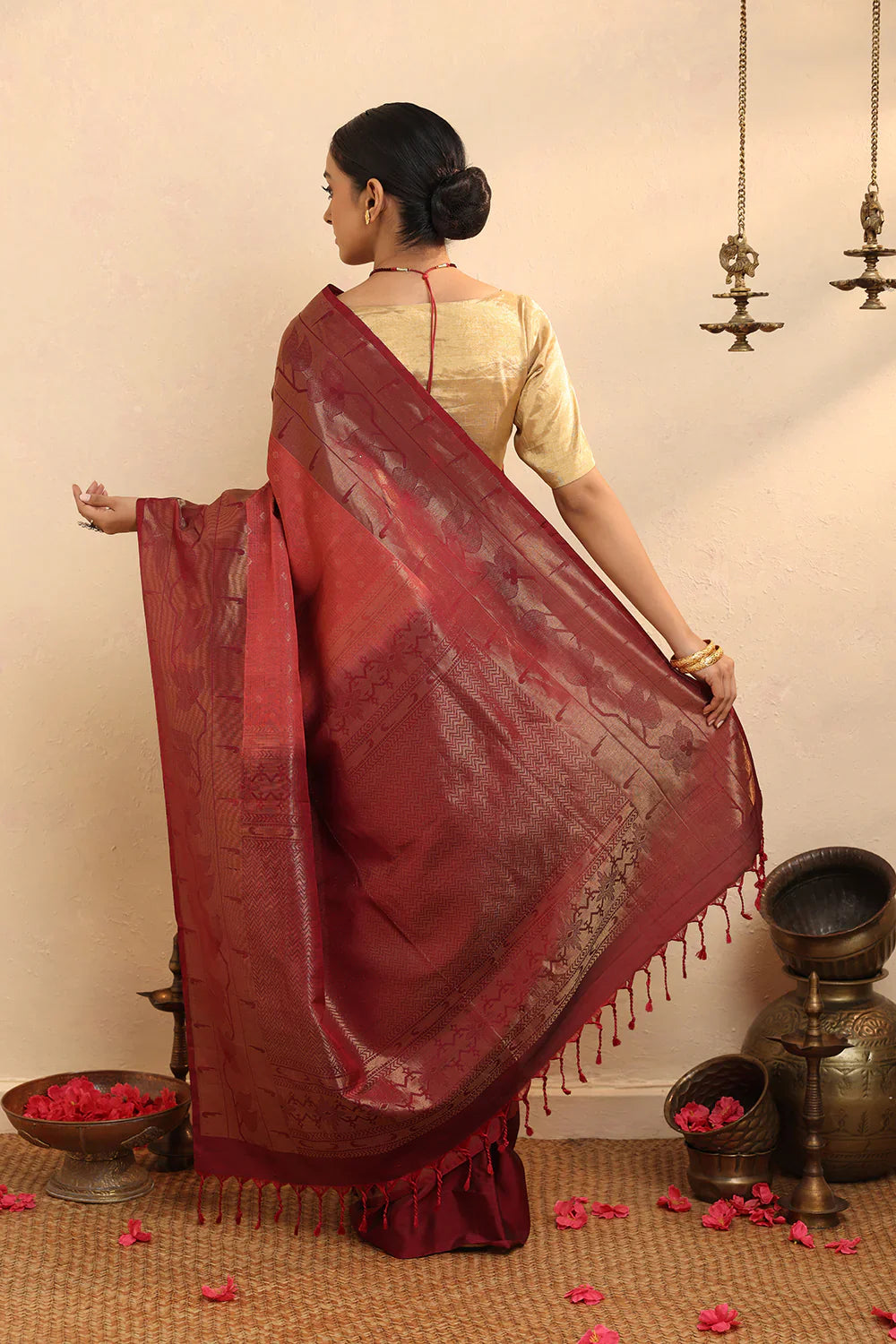 Handloom Maroon Pure Silk Kanjivaram Soft Silk Saree | SILK MARK CERTIFIED | SHOBITAM