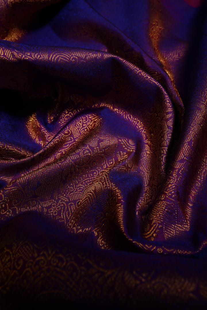 Purple Dual Tone Gadwal Silk Saree with Vanasingaram Zari Brocade and Contrast Wide Zari Border | SILK MARK CERTIFIED