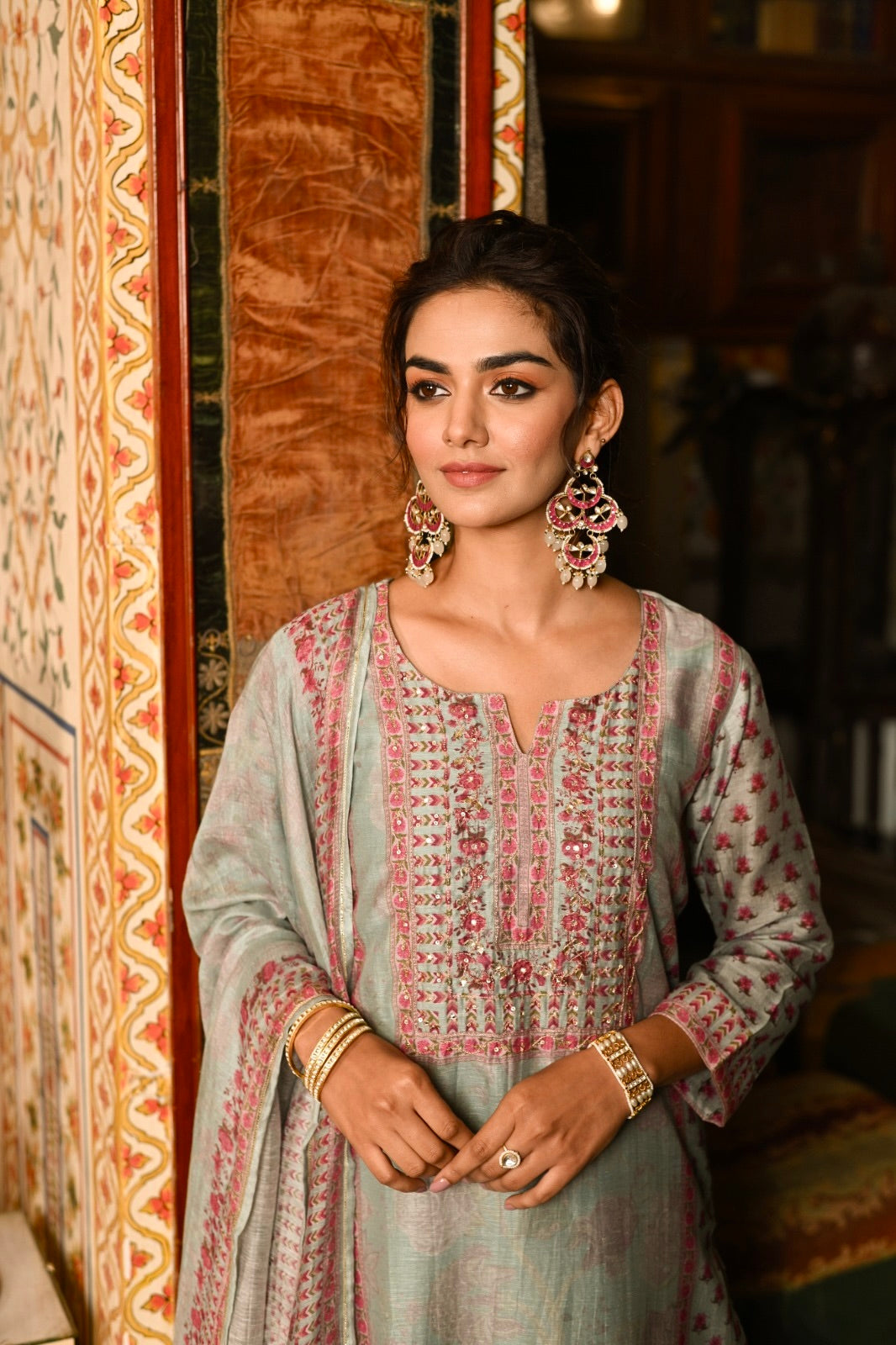 Blue Block Print Chanderi Suit- SET OF-3 | SHOBITAM