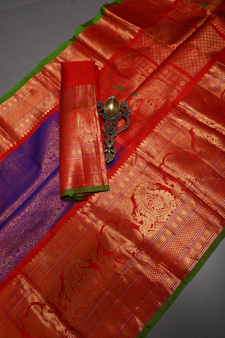 Purple Dual Tone Gadwal Silk Saree with Vanasingaram Zari Brocade and Contrast Wide Zari Border | SILK MARK CERTIFIED
