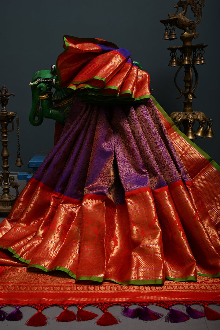 Purple Dual Tone Gadwal Silk Saree with Vanasingaram Zari Brocade and Contrast Wide Zari Border | SILK MARK CERTIFIED