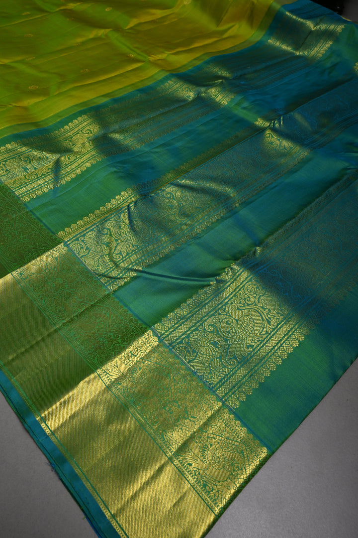 Chartreuse Dual Tone Kanjivaram Silk Saree with Zari Buttas and Contrast Zari Border | SILK MARK CERTIFIED | SHOBITAM