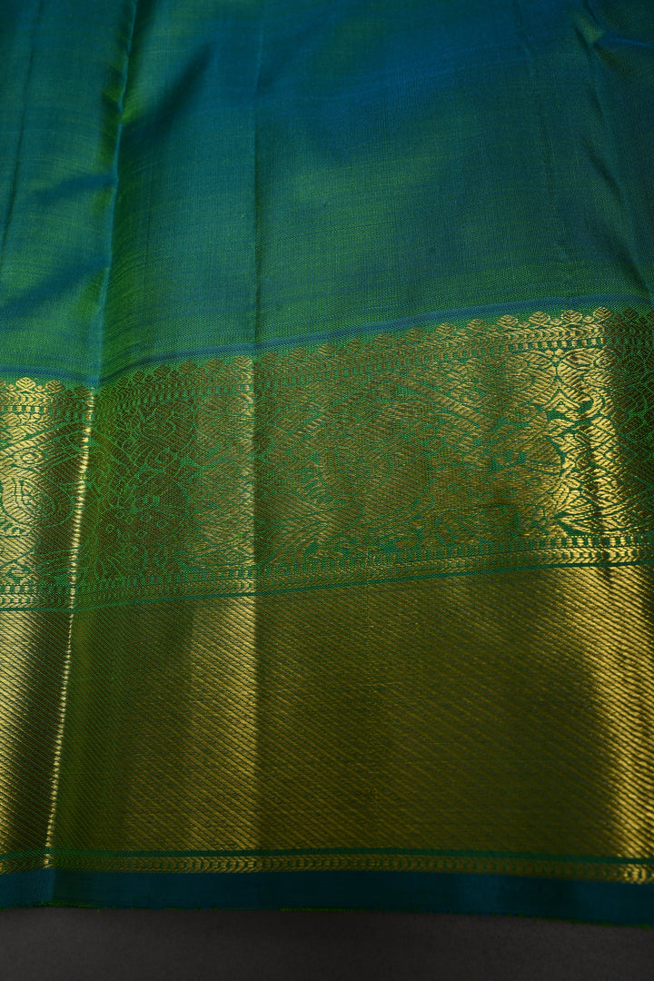 Chartreuse Dual Tone Kanjivaram Silk Saree with Zari Buttas and Contrast Zari Border | SILK MARK CERTIFIED | SHOBITAM