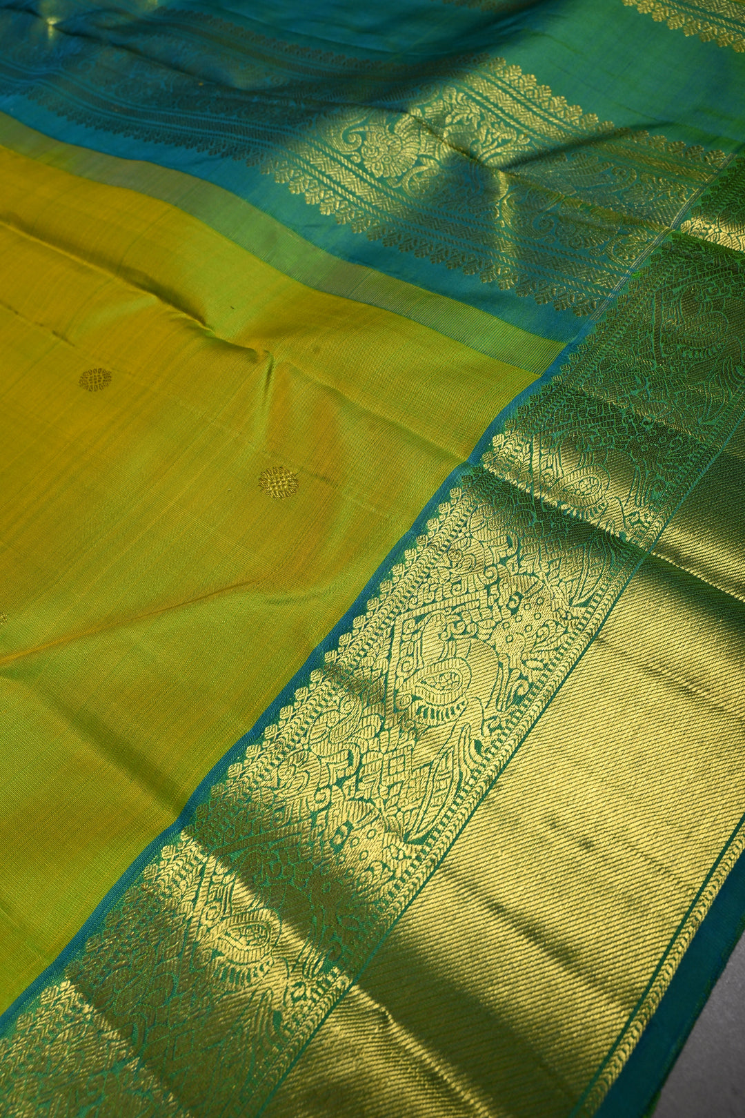 Chartreuse Dual Tone Kanjivaram Silk Saree with Zari Buttas and Contrast Zari Border | SILK MARK CERTIFIED | SHOBITAM