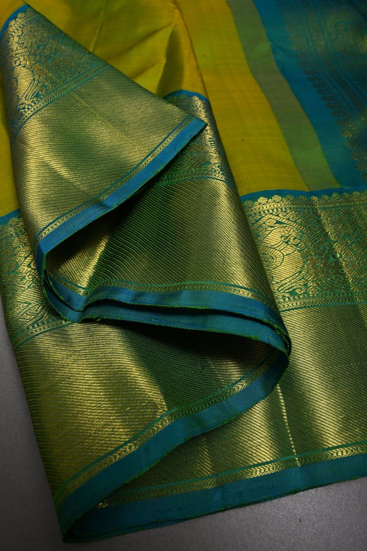 Chartreuse Dual Tone Kanjivaram Silk Saree with Zari Buttas and Contrast Zari Border | SILK MARK CERTIFIED | SHOBITAM