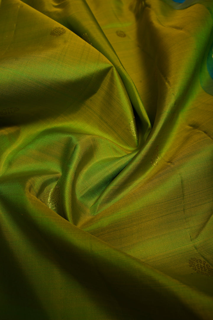 Chartreuse Dual Tone Kanjivaram Silk Saree with Zari Buttas and Contrast Zari Border | SILK MARK CERTIFIED | SHOBITAM