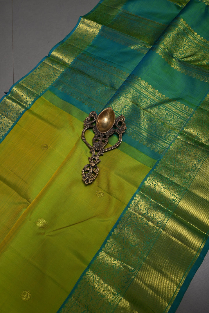 Chartreuse Dual Tone Kanjivaram Silk Saree with Zari Buttas and Contrast Zari Border | SILK MARK CERTIFIED | SHOBITAM