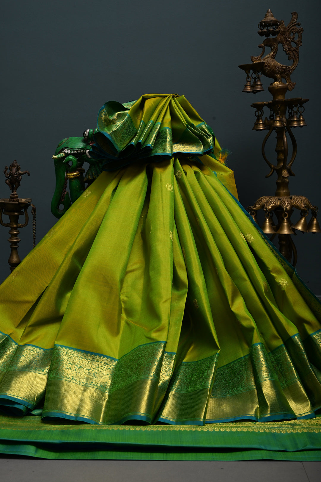 Chartreuse Dual Tone Kanjivaram Silk Saree with Zari Buttas and Contrast Zari Border | SILK MARK CERTIFIED | SHOBITAM