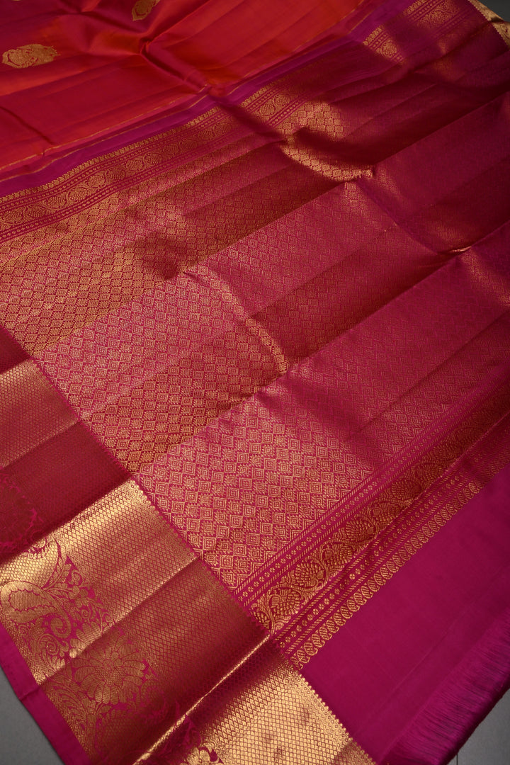 Pink-Orange Dual Tone Kanjivaram Silk Saree with Ganda Berunda Zari Buttas and Zari Border | SILK MARK CERTIFIED | SHOBITAM