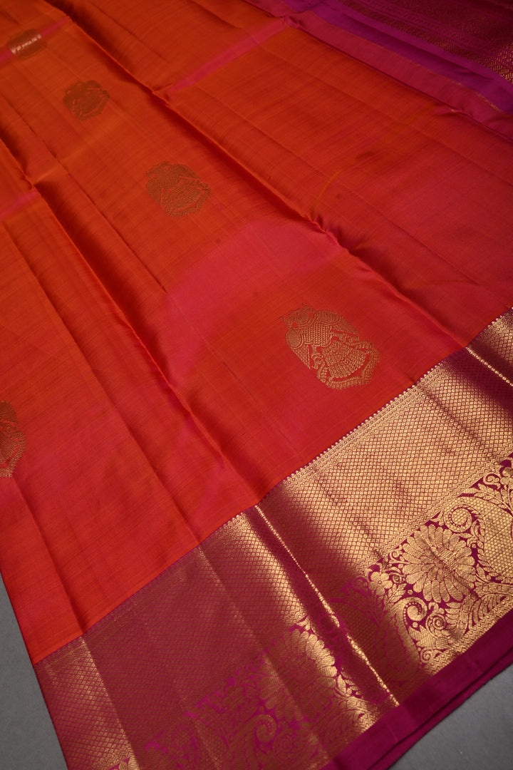 Pink-Orange Dual Tone Kanjivaram Silk Saree with Ganda Berunda Zari Buttas and Zari Border | SILK MARK CERTIFIED | SHOBITAM