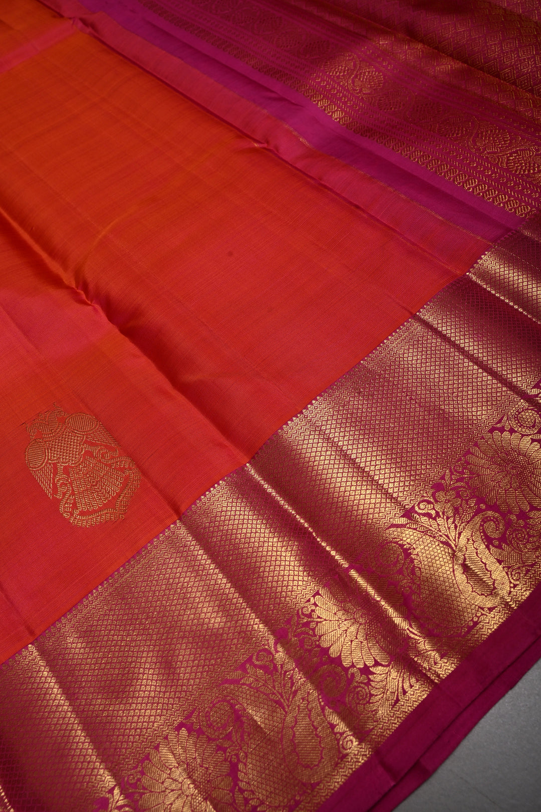 Pink-Orange Dual Tone Kanjivaram Silk Saree with Ganda Berunda Zari Buttas and Zari Border | SILK MARK CERTIFIED | SHOBITAM