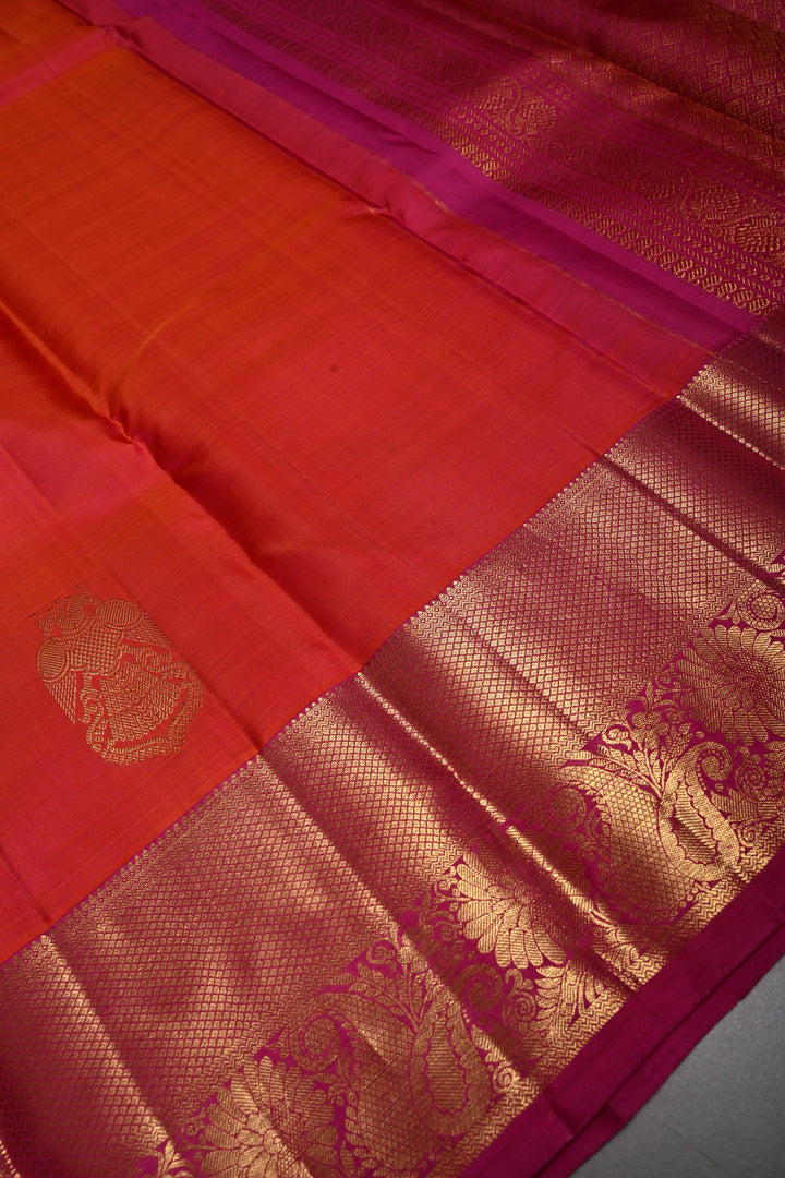 Pink-Orange Dual Tone Kanjivaram Silk Saree with Ganda Berunda Zari Buttas and Zari Border | SILK MARK CERTIFIED | SHOBITAM