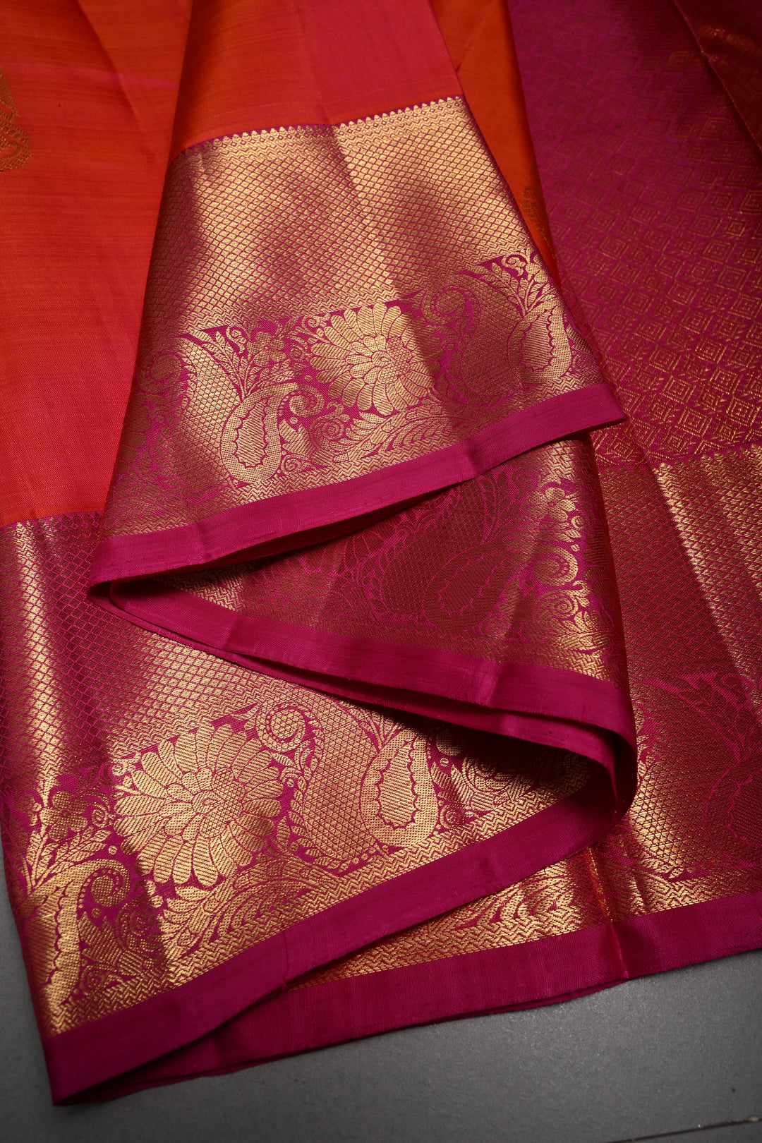 Pink-Orange Dual Tone Kanjivaram Silk Saree with Ganda Berunda Zari Buttas and Zari Border | SILK MARK CERTIFIED | SHOBITAM