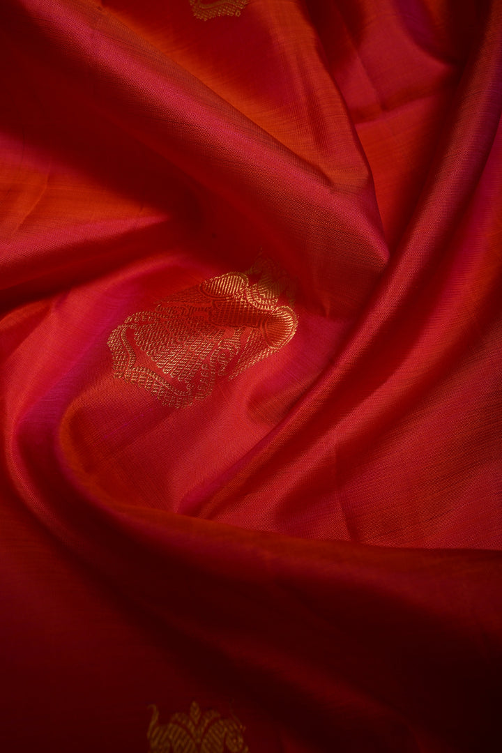 Pink-Orange Dual Tone Kanjivaram Silk Saree with Ganda Berunda Zari Buttas and Zari Border | SILK MARK CERTIFIED | SHOBITAM