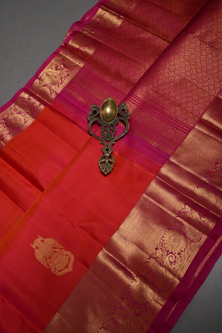 Pink-Orange Dual Tone Kanjivaram Silk Saree with Ganda Berunda Zari Buttas and Zari Border | SILK MARK CERTIFIED | SHOBITAM