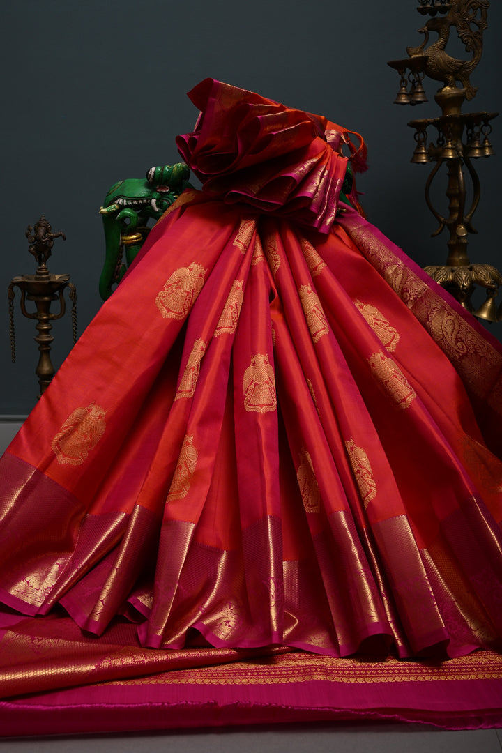 Pink-Orange Dual Tone Kanjivaram Silk Saree with Ganda Berunda Zari Buttas and Zari Border | SILK MARK CERTIFIED | SHOBITAM