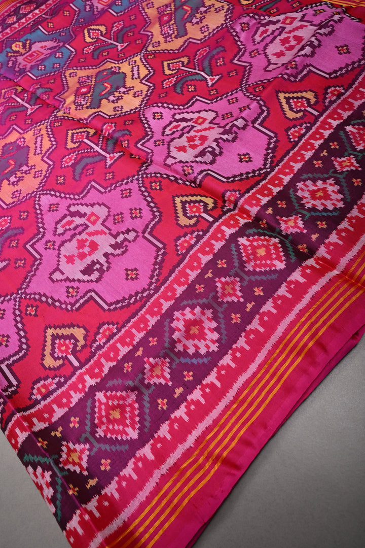 Authentic Patan Patola Single Ikkat Handwoven Pure Silk Saree in Pink rangkaat design | SILK MARK CERTIFIED | SHOBITAM