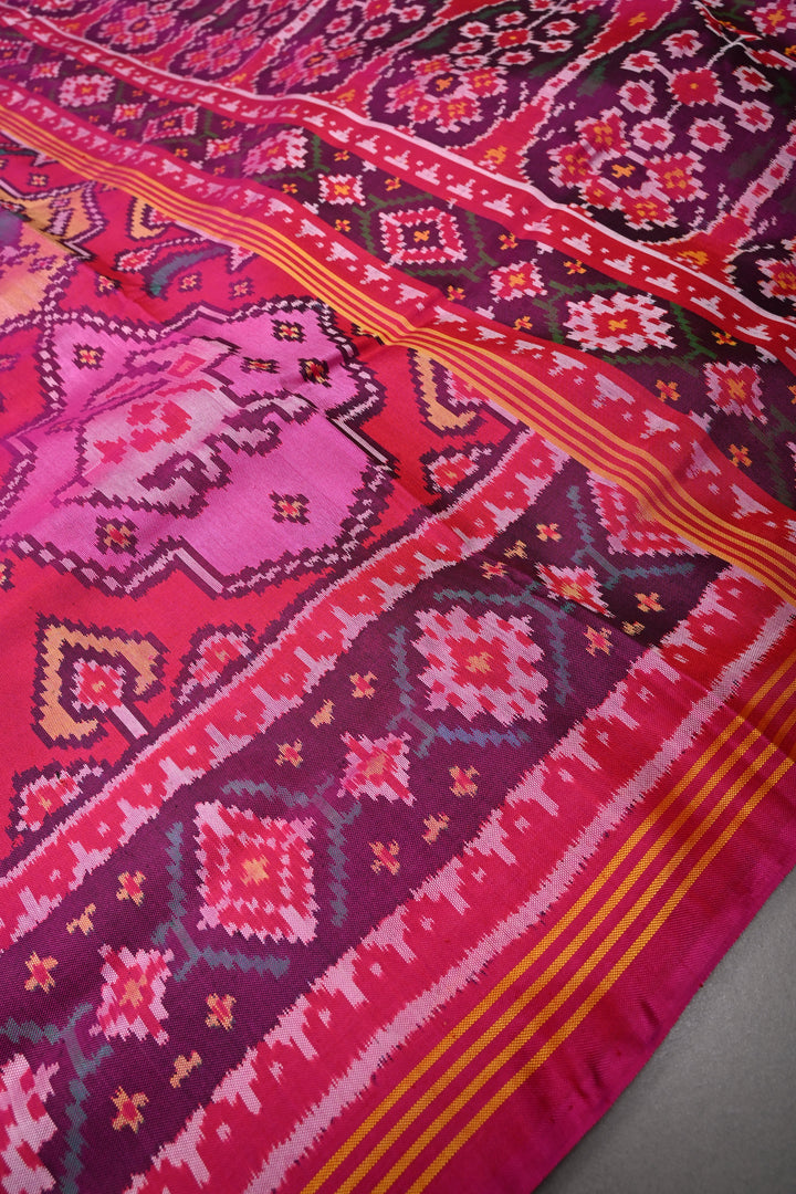 Authentic Patan Patola Single Ikkat Handwoven Pure Silk Saree in Pink rangkaat design | SILK MARK CERTIFIED | SHOBITAM