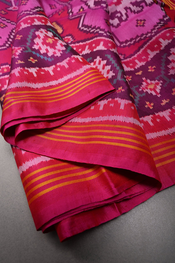 Authentic Patan Patola Single Ikkat Handwoven Pure Silk Saree in Pink rangkaat design | SILK MARK CERTIFIED | SHOBITAM