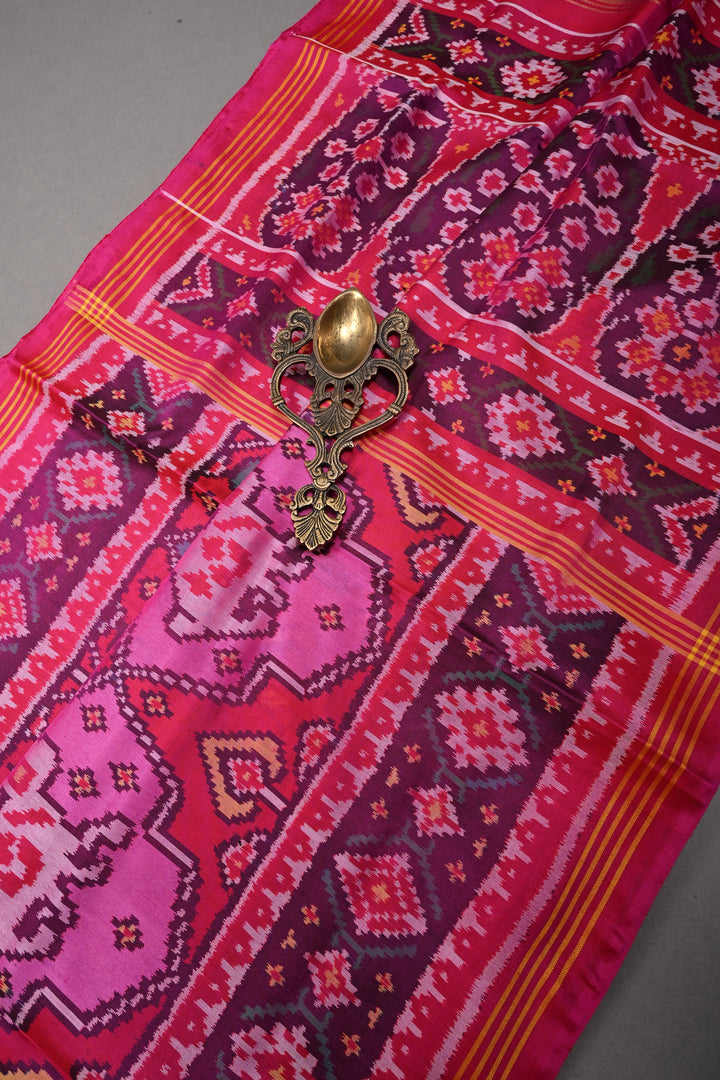 Authentic Patan Patola Single Ikkat Handwoven Pure Silk Saree in Pink rangkaat design | SILK MARK CERTIFIED | SHOBITAM