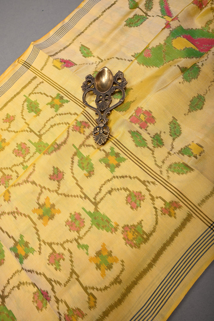 Charismatic Butter Yellow Authentic Patan Patola Single Ikkat Handloom Pure Silk Saree | SILK MARK CERTIFIED | SHOBITAM