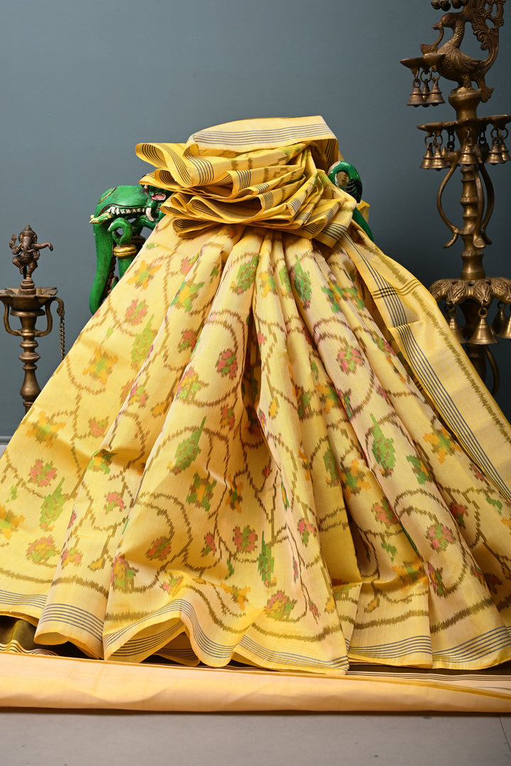 Charismatic Butter Yellow Authentic Patan Patola Single Ikkat Handloom Pure Silk Saree | SILK MARK CERTIFIED | SHOBITAM
