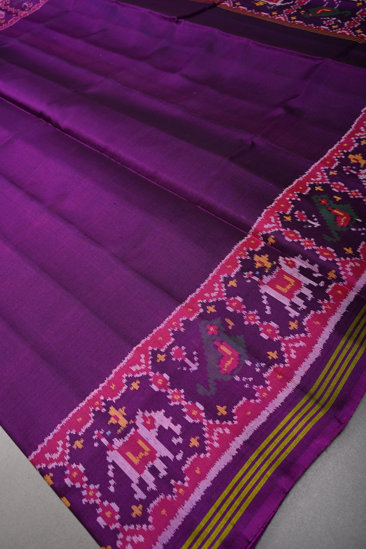 Purple Authentic Patan Patola Single Ikkat Handloom Silk Saree with Heritage borders | SILK MARK CERTIFIED