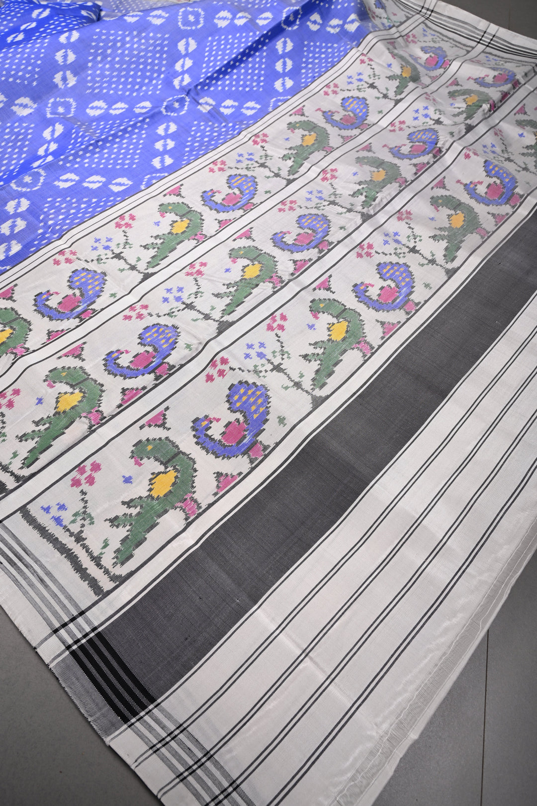 Rare Periwinkle Patan Patola Single Ikkat Pure Silk Handwoven Saree with Bandhini-Cowrie Shells Design and Contrast Border | SILK MARK CERTIFIED | SHOBITAM