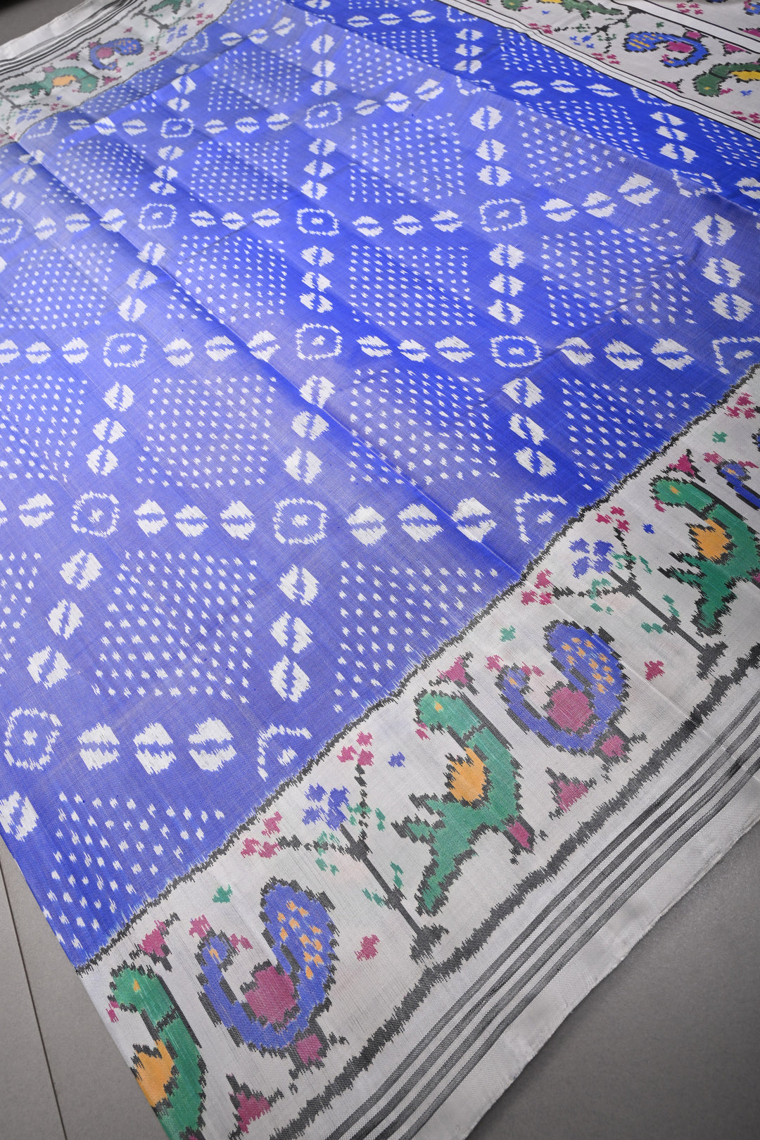Rare Periwinkle Patan Patola Single Ikkat Pure Silk Handwoven Saree with Bandhini-Cowrie Shells Design and Contrast Border | SILK MARK CERTIFIED | SHOBITAM
