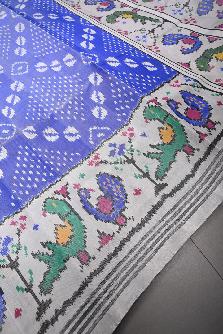 Rare Periwinkle Patan Patola Single Ikkat Pure Silk Handwoven Saree with Bandhini-Cowrie Shells Design and Contrast Border | SILK MARK CERTIFIED | SHOBITAM