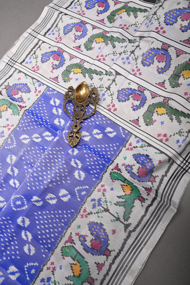 Rare Periwinkle Patan Patola Single Ikkat Pure Silk Handwoven Saree with Bandhini-Cowrie Shells Design and Contrast Border | SILK MARK CERTIFIED | SHOBITAM