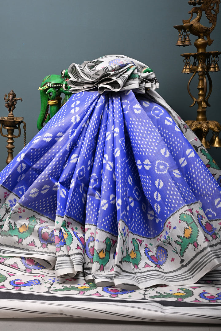 Rare Periwinkle Patan Patola Single Ikkat Pure Silk Handwoven Saree with Bandhini-Cowrie Shells Design and Contrast Border | SILK MARK CERTIFIED | SHOBITAM
