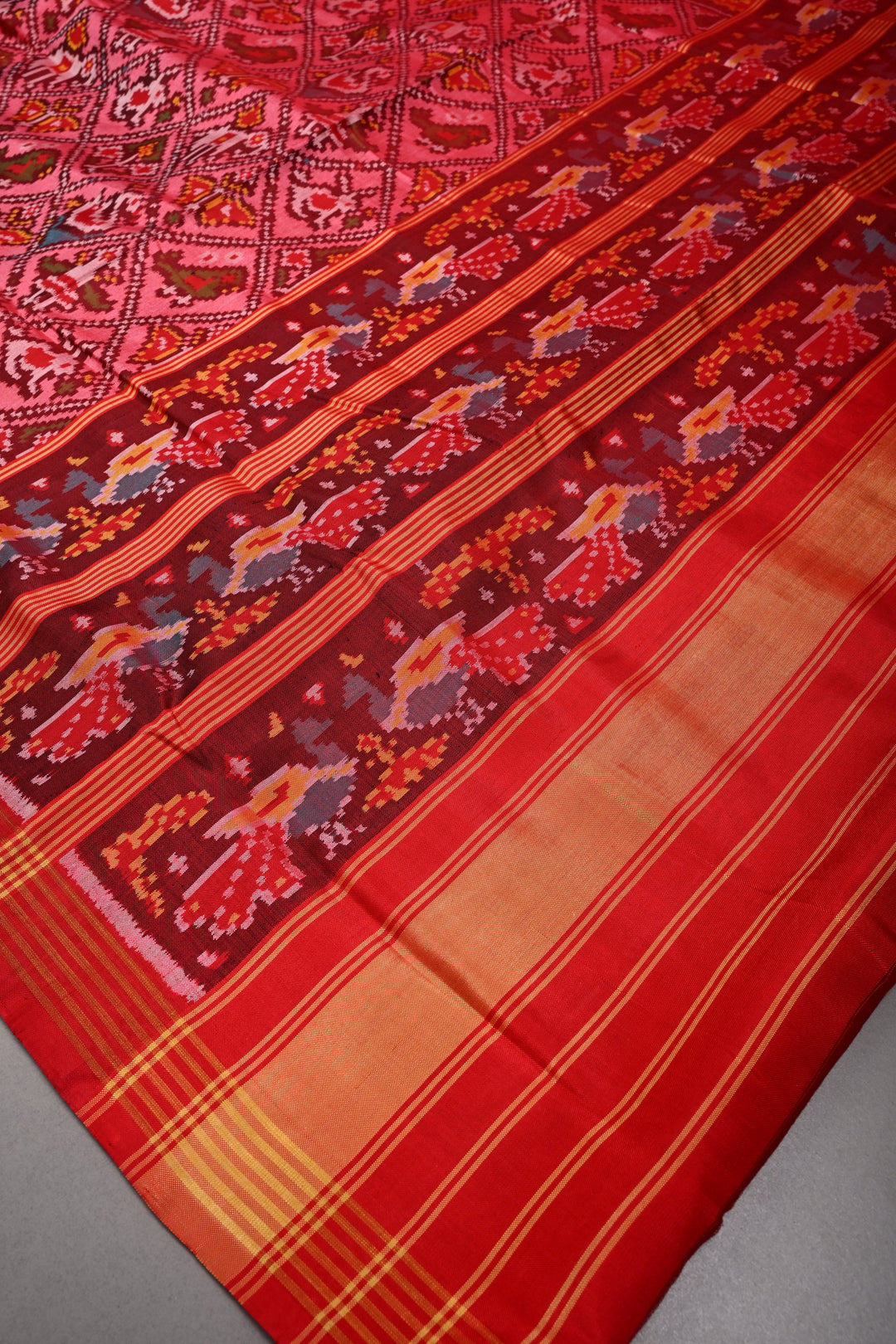 Statement Patan Patola Single Ikkat Pure Silk Handwoven Saree in Pink Red Dual Tone with intricate weave | SILK MARK CERTIFIED | SHOBITAM