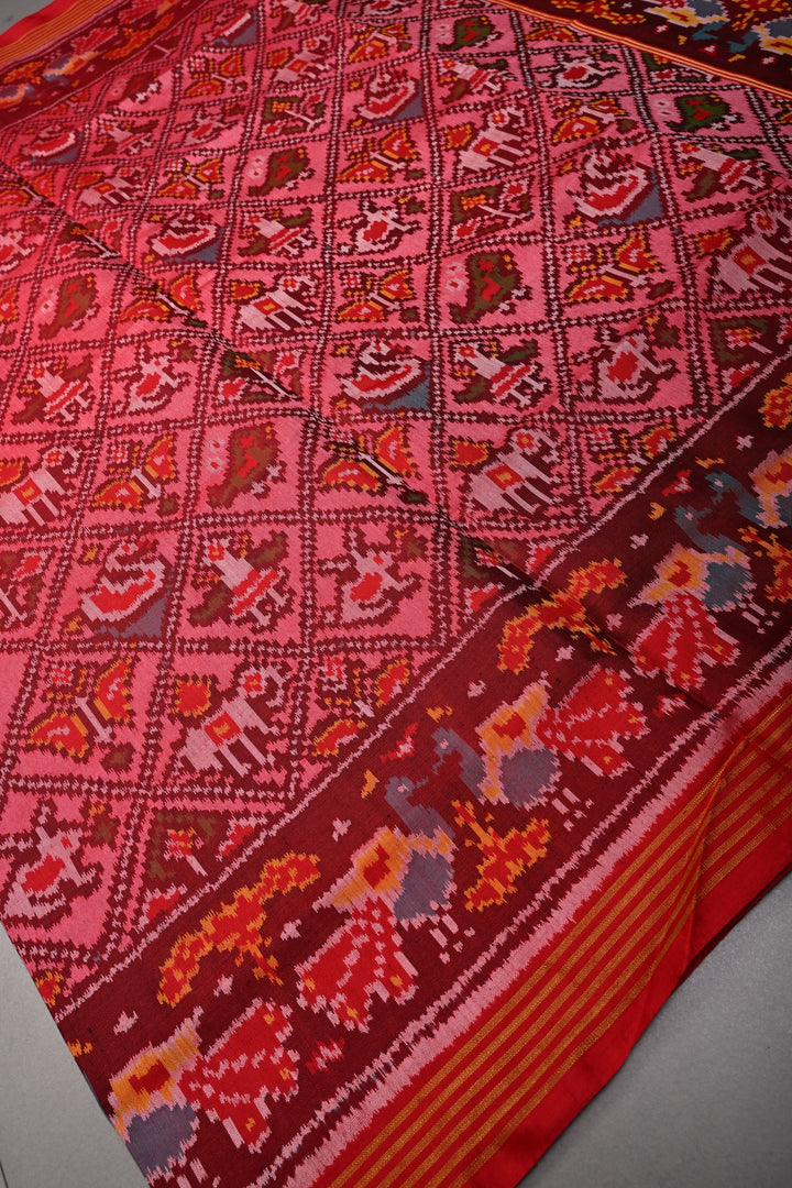 Statement Patan Patola Single Ikkat Pure Silk Handwoven Saree in Pink Red Dual Tone with intricate weave | SILK MARK CERTIFIED | SHOBITAM