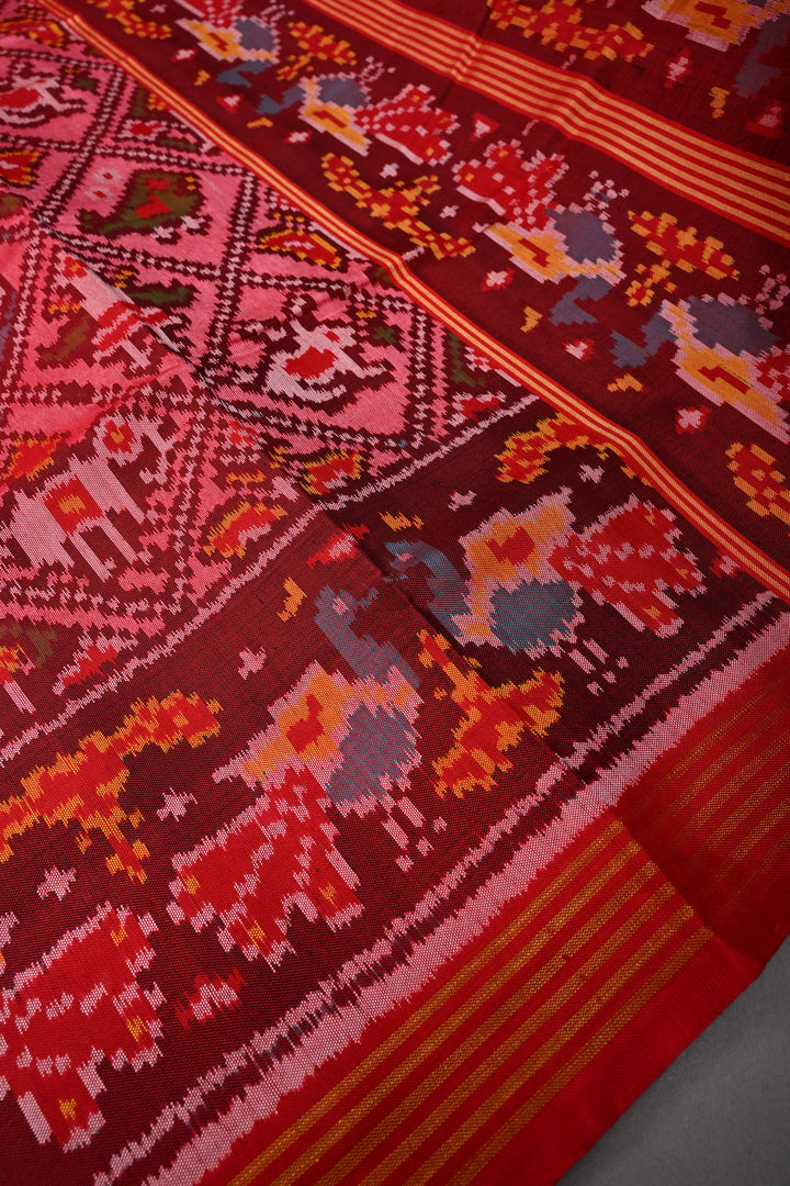 Statement Patan Patola Single Ikkat Pure Silk Handwoven Saree in Pink Red Dual Tone with intricate weave | SILK MARK CERTIFIED | SHOBITAM