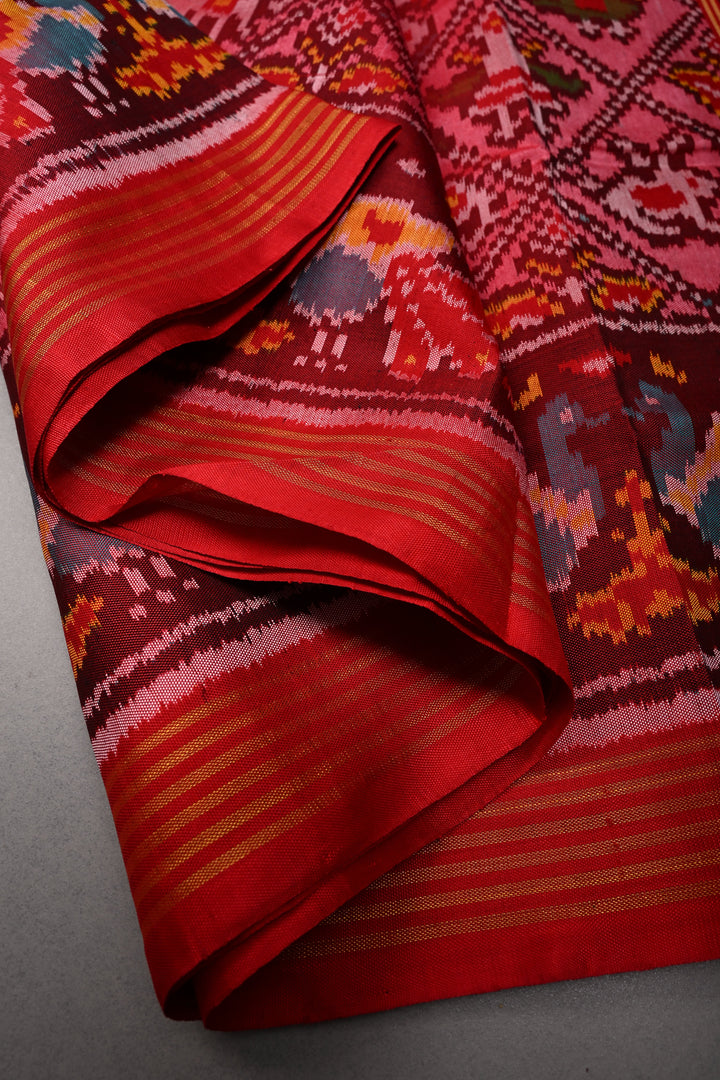 Statement Patan Patola Single Ikkat Pure Silk Handwoven Saree in Pink Red Dual Tone with intricate weave | SILK MARK CERTIFIED | SHOBITAM
