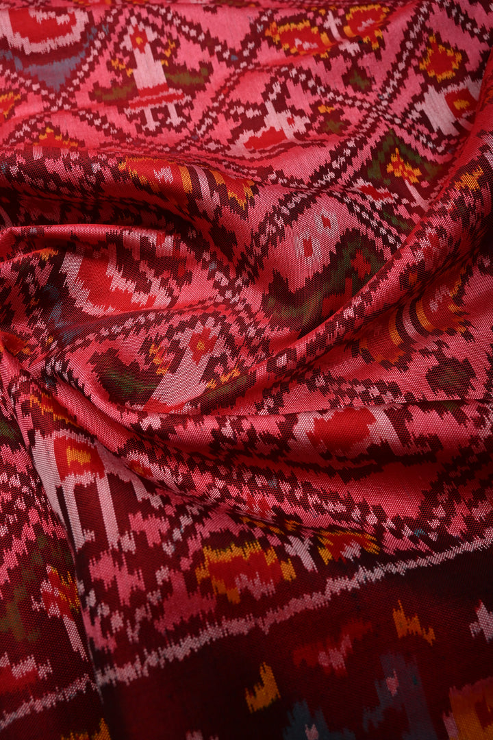 Statement Patan Patola Single Ikkat Pure Silk Handwoven Saree in Pink Red Dual Tone with intricate weave | SILK MARK CERTIFIED | SHOBITAM