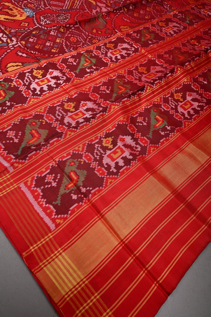 Red Patola Single Ikkat Silk Saree with Intricate Geometric Motifs and Minimal Border | SILK MARK CERTIFIED | SHOBITAM