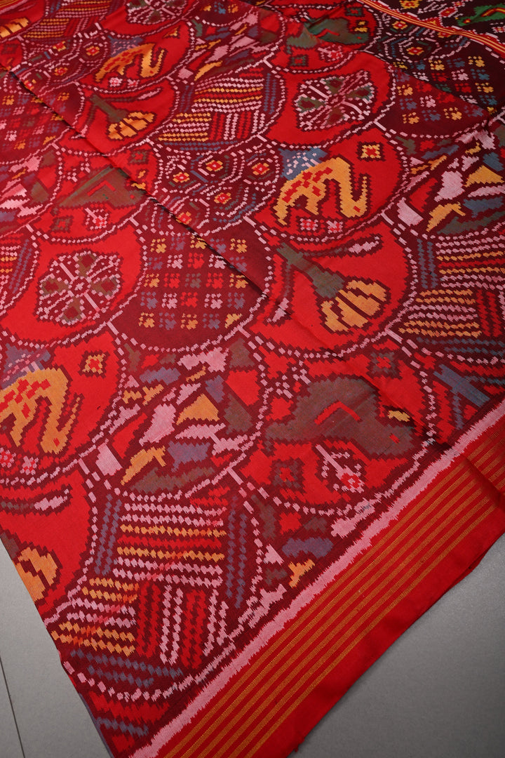 Red Patola Single Ikkat Silk Saree with Intricate Geometric Motifs and Minimal Border | SILK MARK CERTIFIED | SHOBITAM