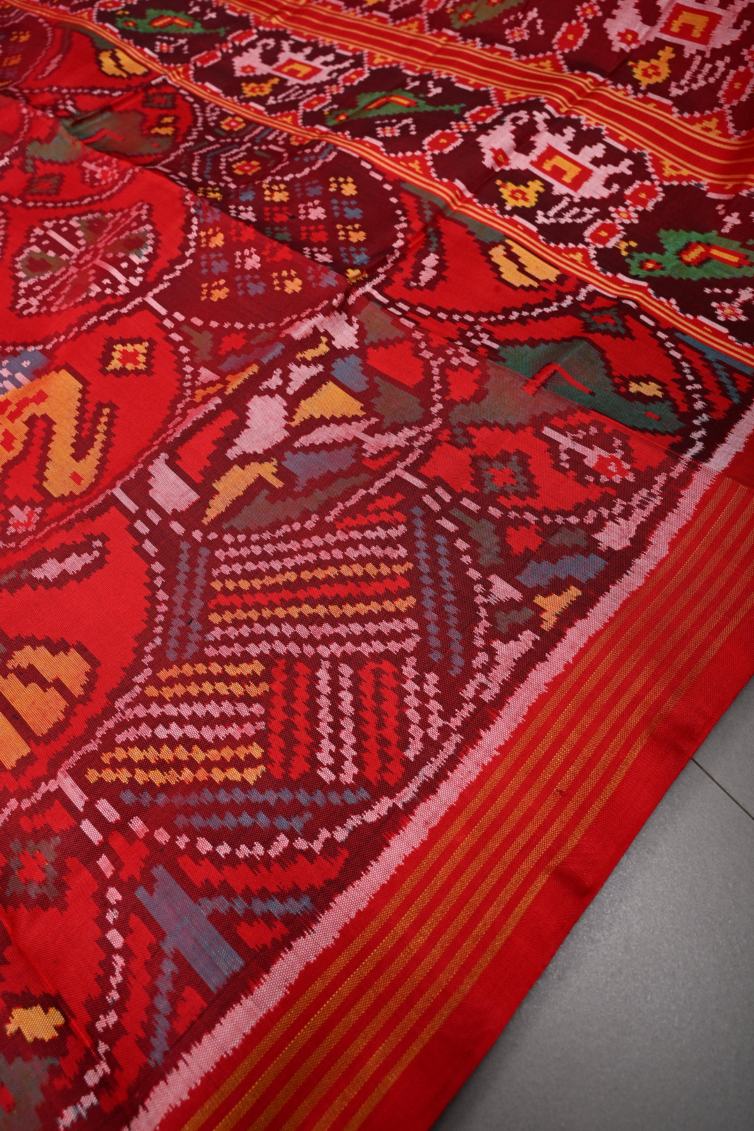 Red Patola Single Ikkat Silk Saree with Intricate Geometric Motifs and Minimal Border | SILK MARK CERTIFIED | SHOBITAM