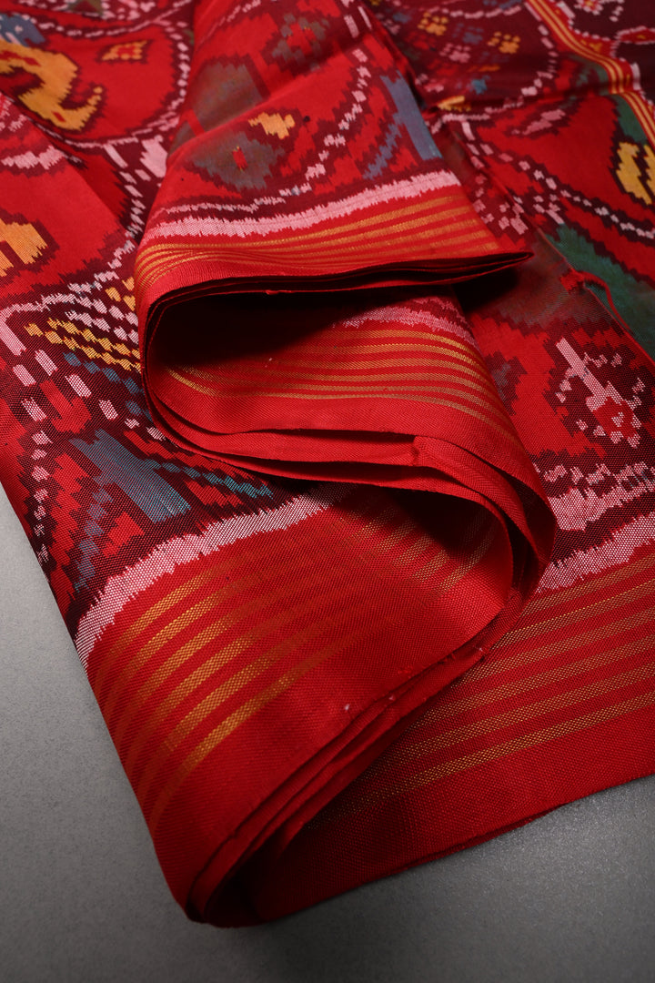 Red Patola Single Ikkat Silk Saree with Intricate Geometric Motifs and Minimal Border | SILK MARK CERTIFIED | SHOBITAM
