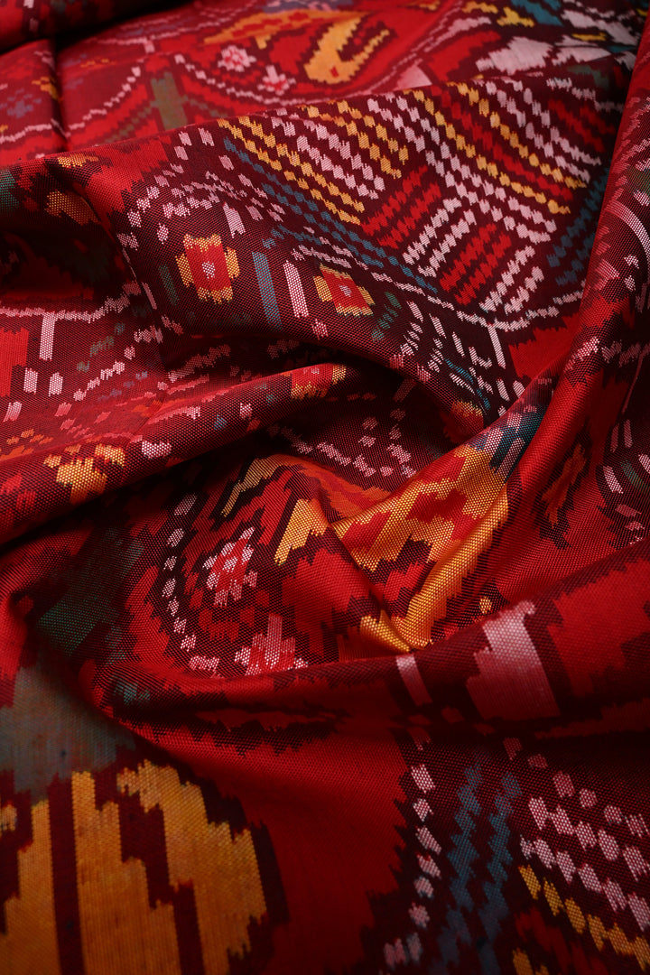 Red Patola Single Ikkat Silk Saree with Intricate Geometric Motifs and Minimal Border | SILK MARK CERTIFIED | SHOBITAM